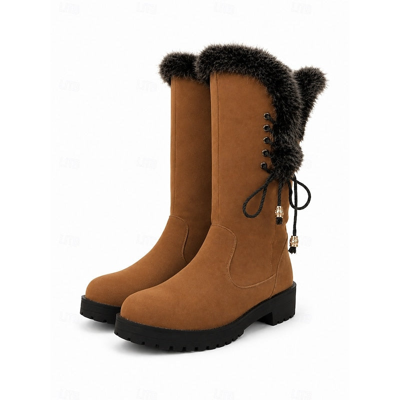 Adriana | Women's Fur-Trimmed Knee High Winter Boots - Lace-Up Block Heel