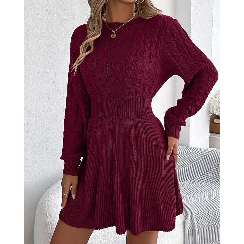Suvi | Women's Cable Knit Sweater Dress - Fit and Flare Long Sleeve