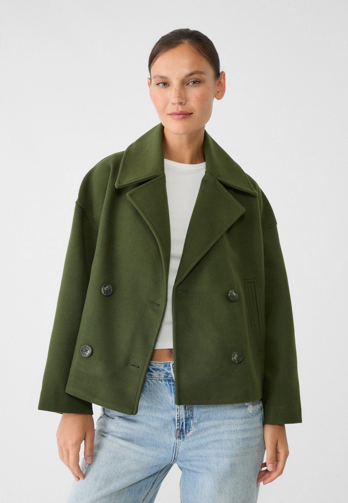 Orla | Women's Cropped Wool Peacoat Jacket - Notch Lapel Double Breasted