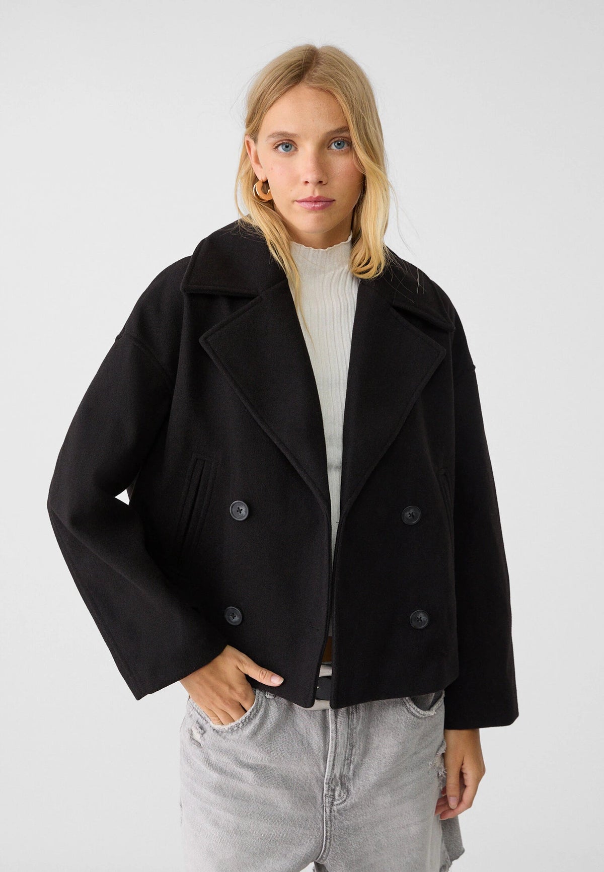Orla | Women's Cropped Wool Peacoat Jacket - Notch Lapel Double Breasted