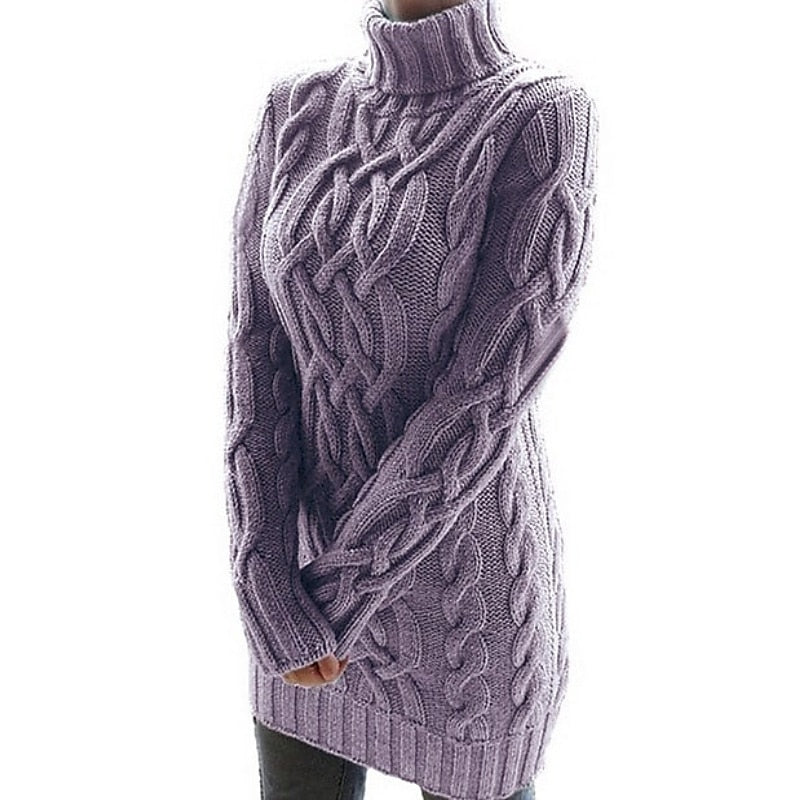 Noa | Women's Cable Knit Sweater Dress - Turtleneck Long Sleeve