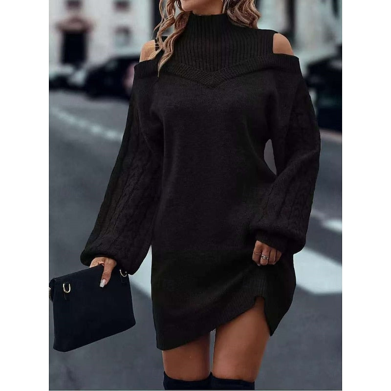 Bria | Women's Turtleneck Sweater Dress - Cold Shoulder Long Sleeve Knit