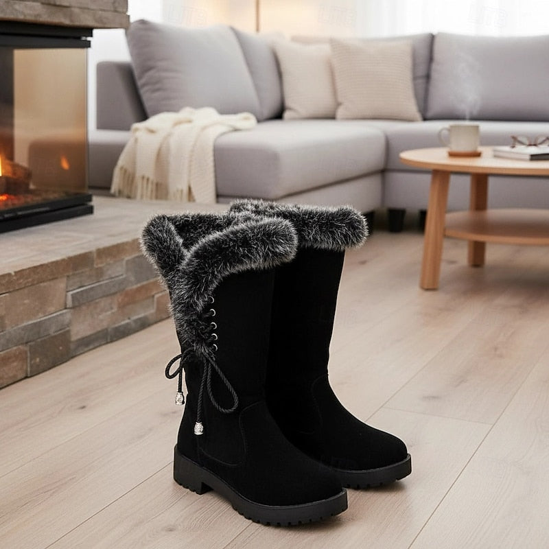 Adriana | Women's Fur-Trimmed Knee High Winter Boots - Lace-Up Block Heel