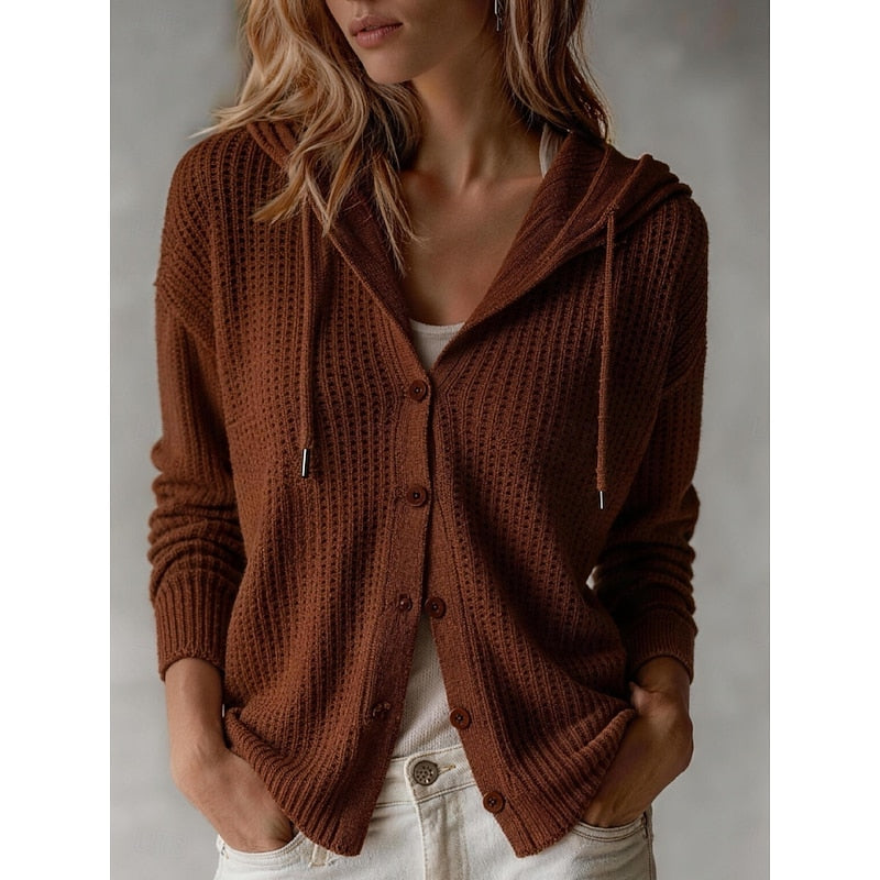 Frances | Women's Cosy Hooded Cardigan - Button Front Ribbed Cuffs