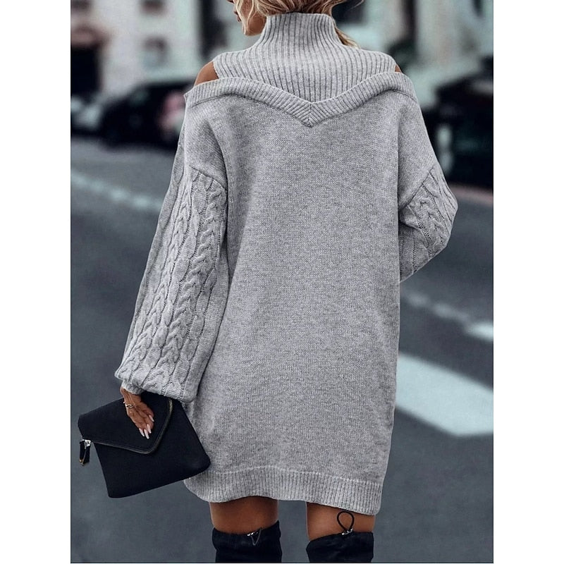 Bria | Women's Turtleneck Sweater Dress - Cold Shoulder Long Sleeve Knit