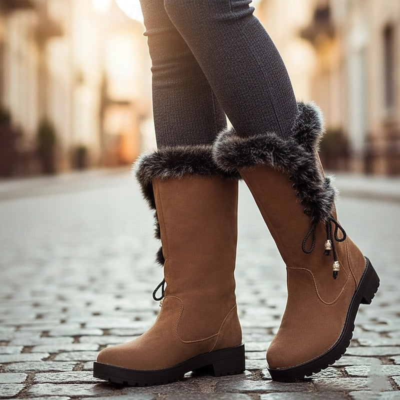 Adriana | Women's Fur-Trimmed Knee High Winter Boots - Lace-Up Block Heel