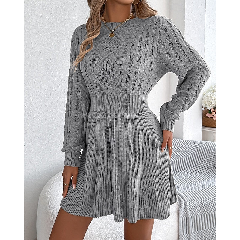 Suvi | Women's Cable Knit Sweater Dress - Fit and Flare Long Sleeve