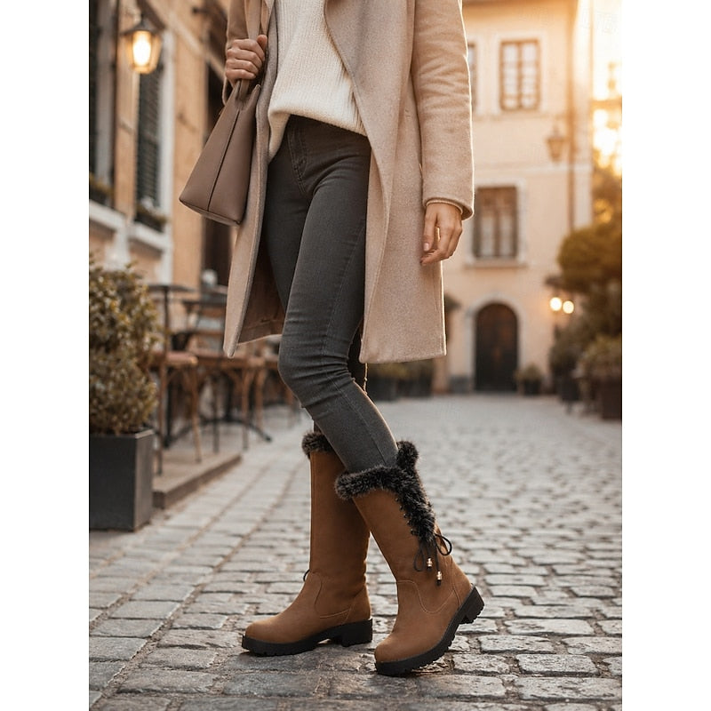 Adriana | Women's Fur-Trimmed Knee High Winter Boots - Lace-Up Block Heel