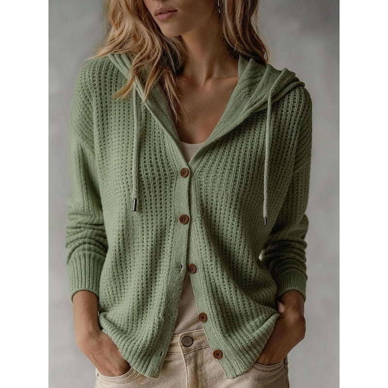 Frances | Women's Cosy Hooded Cardigan - Button Front Ribbed Cuffs