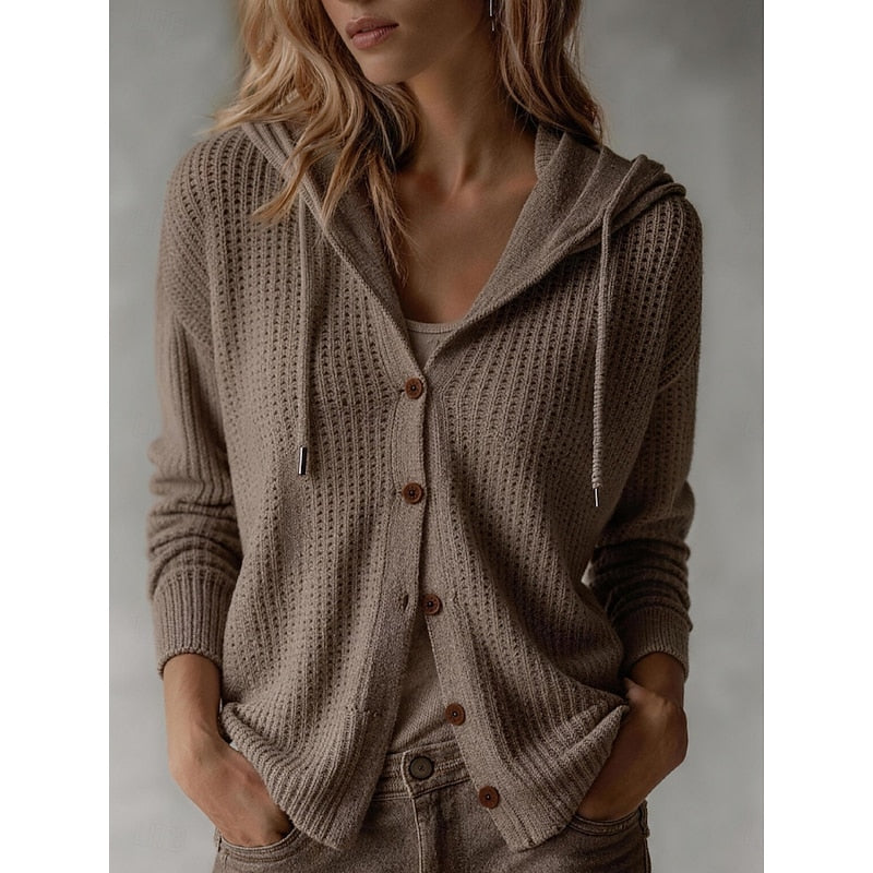 Frances | Women's Cosy Hooded Cardigan - Button Front Ribbed Cuffs