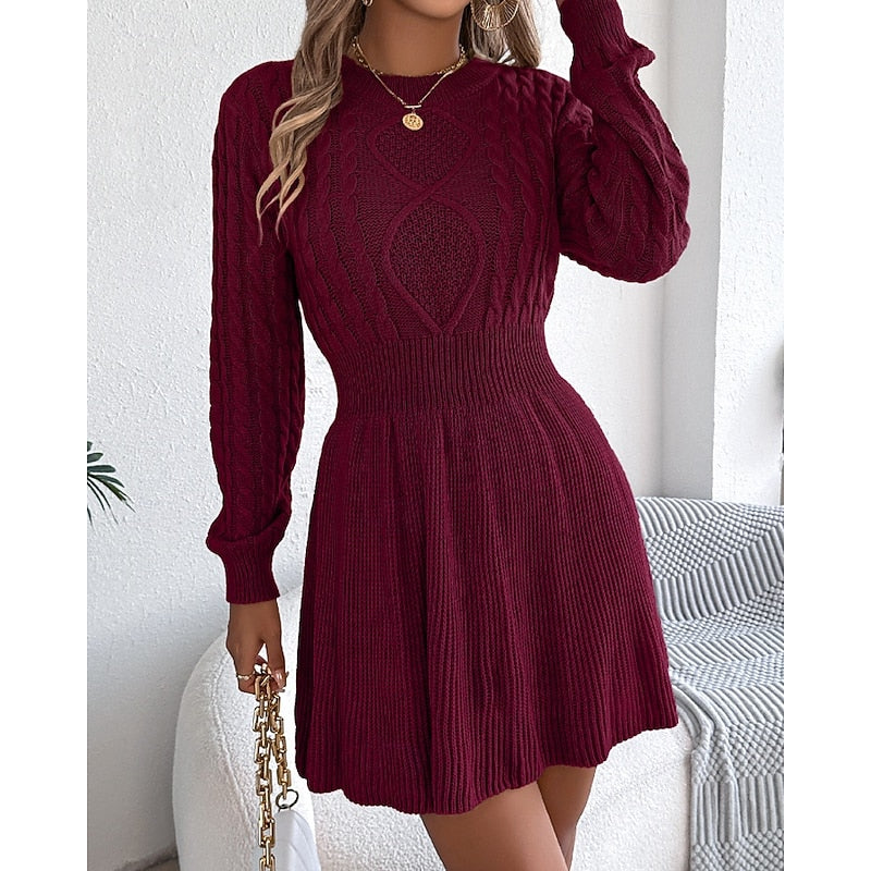 Suvi | Women's Cable Knit Sweater Dress - Fit and Flare Long Sleeve