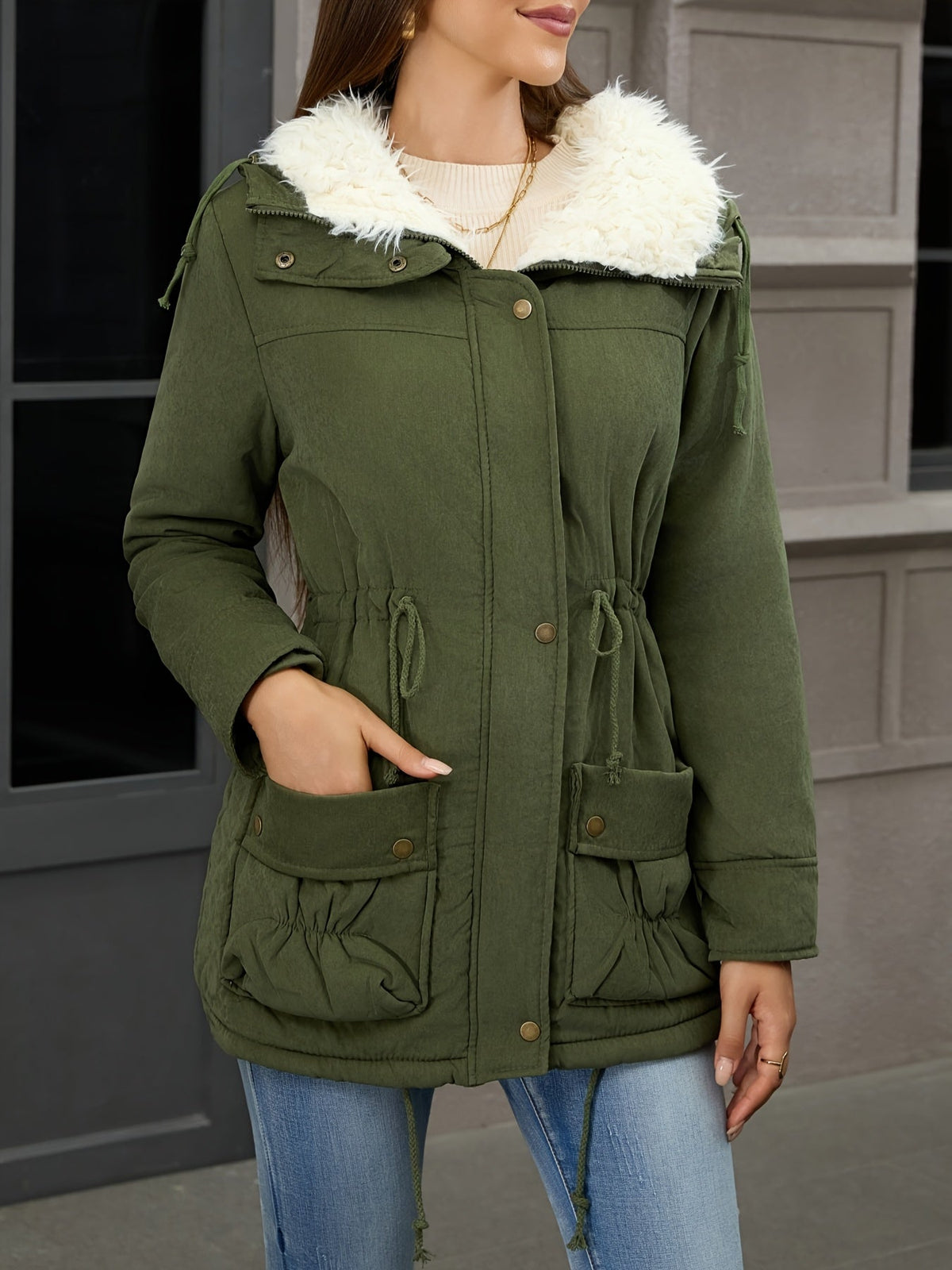 Carolyn | Women's Mid-Length Parka - Fold-Over Collar Drawstring Waist