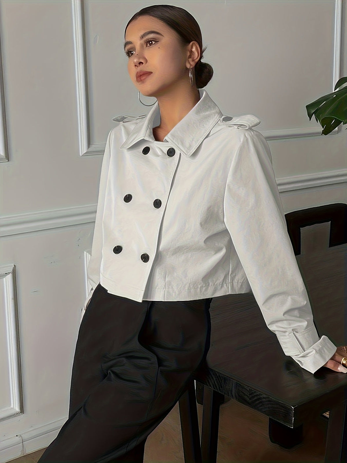 Vela | Women's Cropped Twill Peacoat - Notch Lapel Double Breasted Coat
