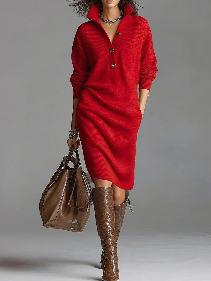 Cleo | Women's Ribbed Knit Sweater Dress - Collar Button Front
