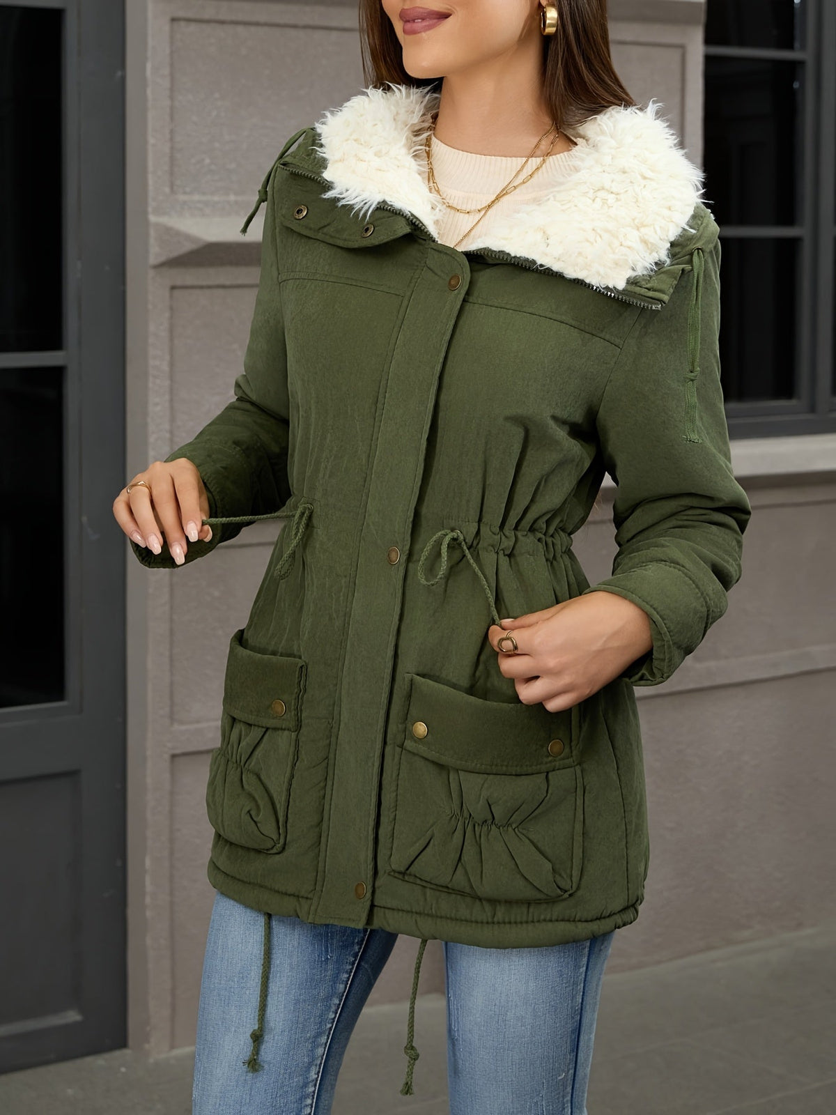 Carolyn | Women's Mid-Length Parka - Fold-Over Collar Drawstring Waist