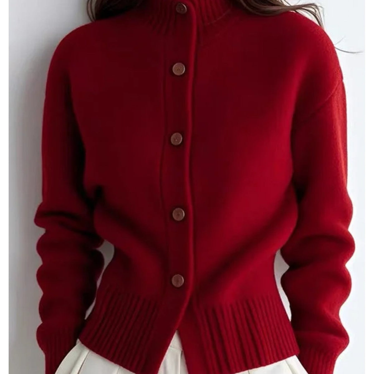 Margot | Women's High-Neck Button Cardigan - Ribbed Waist