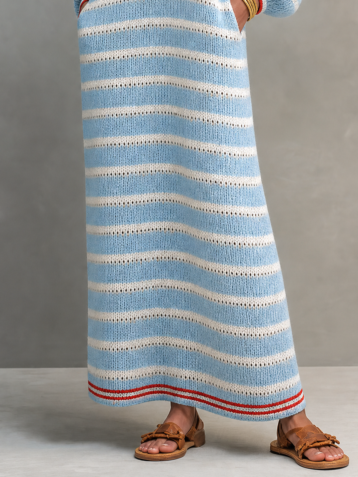 Vida | Women's Striped Knit Sweater Dress - Square Neck Long Sleeve