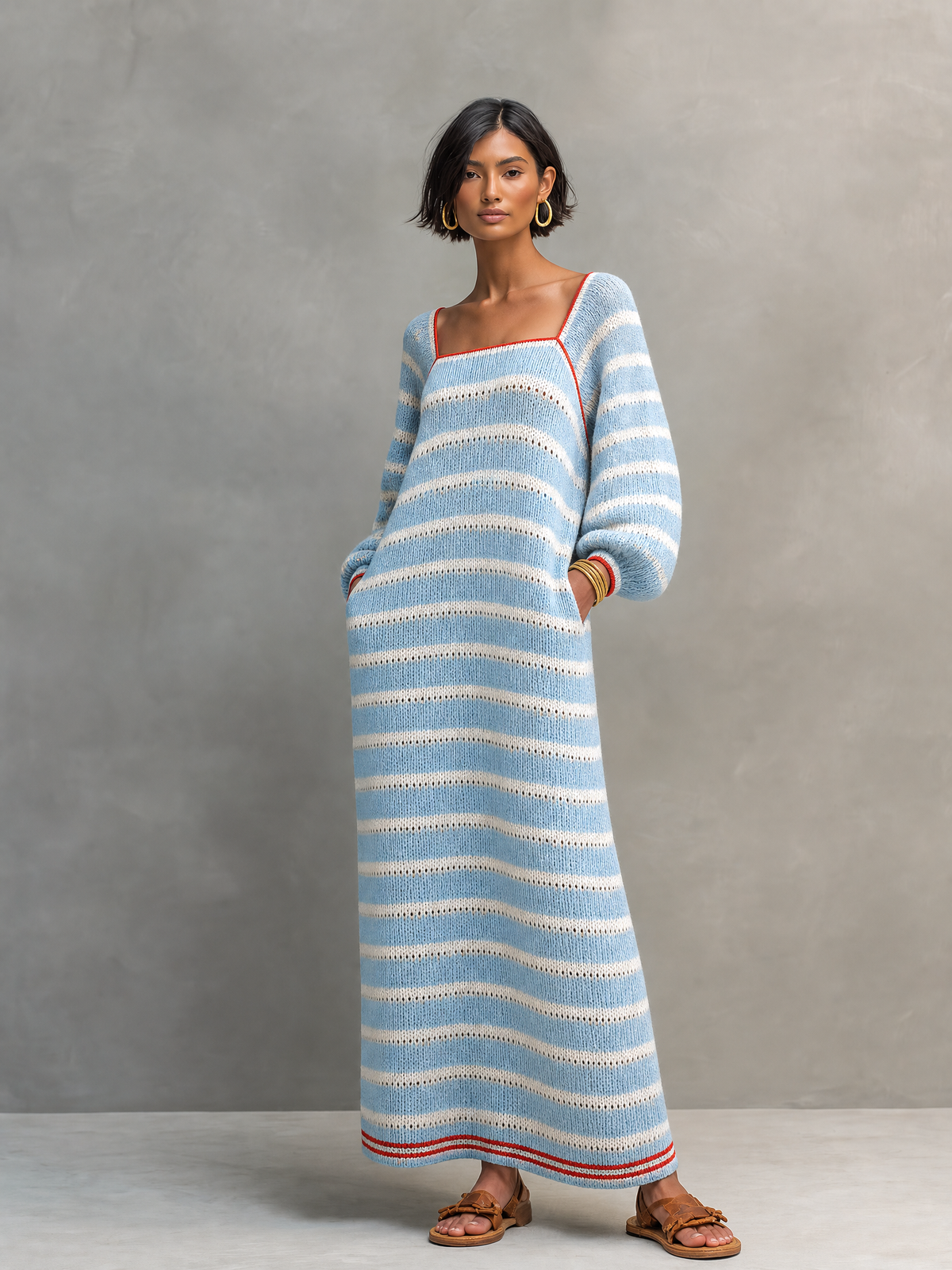 Vida | Women's Striped Knit Sweater Dress - Square Neck Long Sleeve