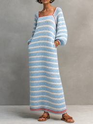 Vida | Women's Striped Knit Sweater Dress - Square Neck Long Sleeve