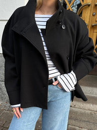 Elka | Women's Oversized Wool Peacoat - Stand Collar Asymmetric Button Coat