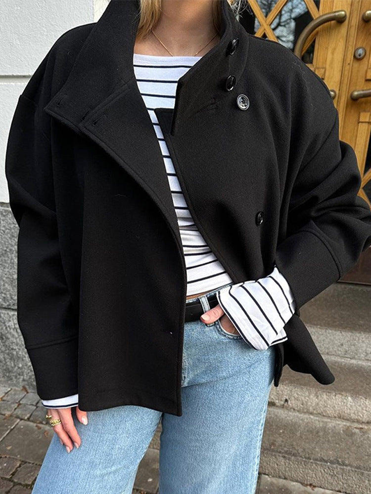 Elka | Women's Oversized Wool Peacoat - Stand Collar Asymmetric Button Coat