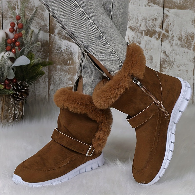Nora | Women's Plush-Trimmed Winter Boots - Ankle Buckle Detail