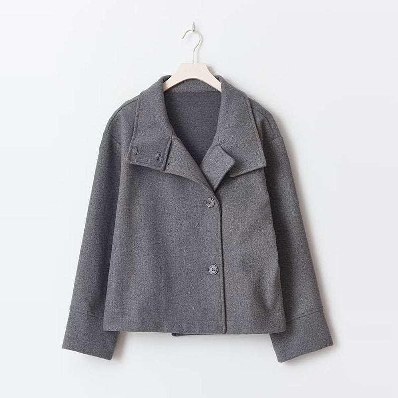 Elka | Women's Oversized Wool Peacoat - Stand Collar Asymmetric Button Coat