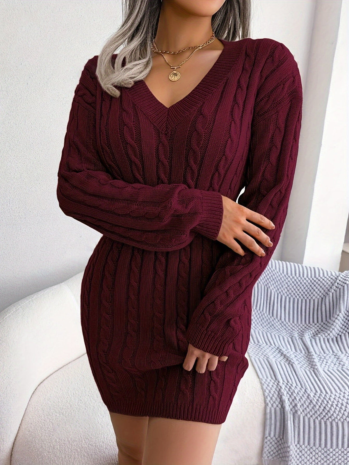 Hana | Women's Cable Knit Sweater Dress - V Neck Cinched Waist