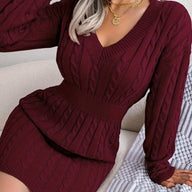 Hana | Women's Cable Knit Sweater Dress - V Neck Cinched Waist