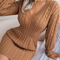 Hana | Women's Cable Knit Sweater Dress - V Neck Cinched Waist