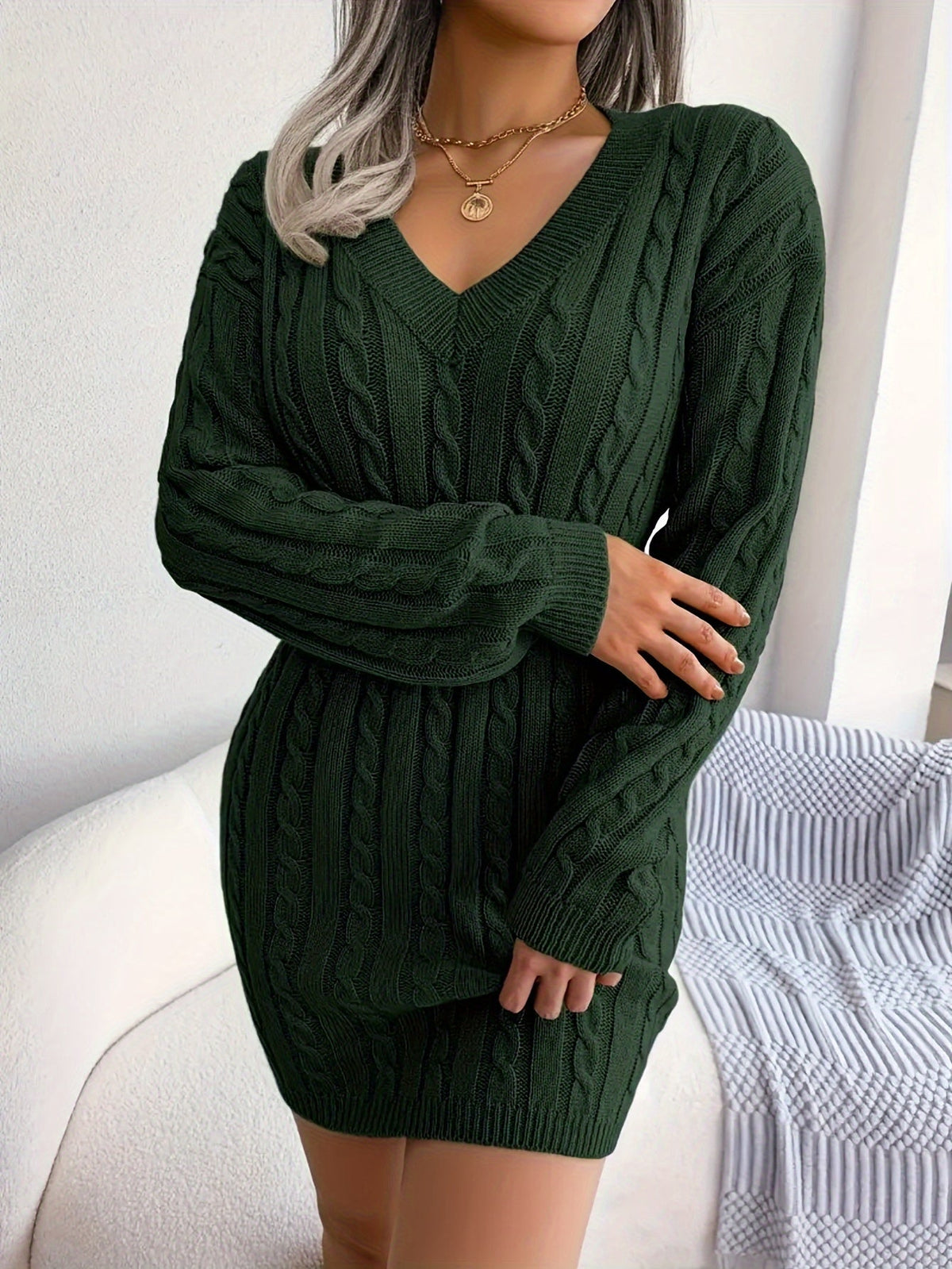 Hana | Women's Cable Knit Sweater Dress - V Neck Cinched Waist