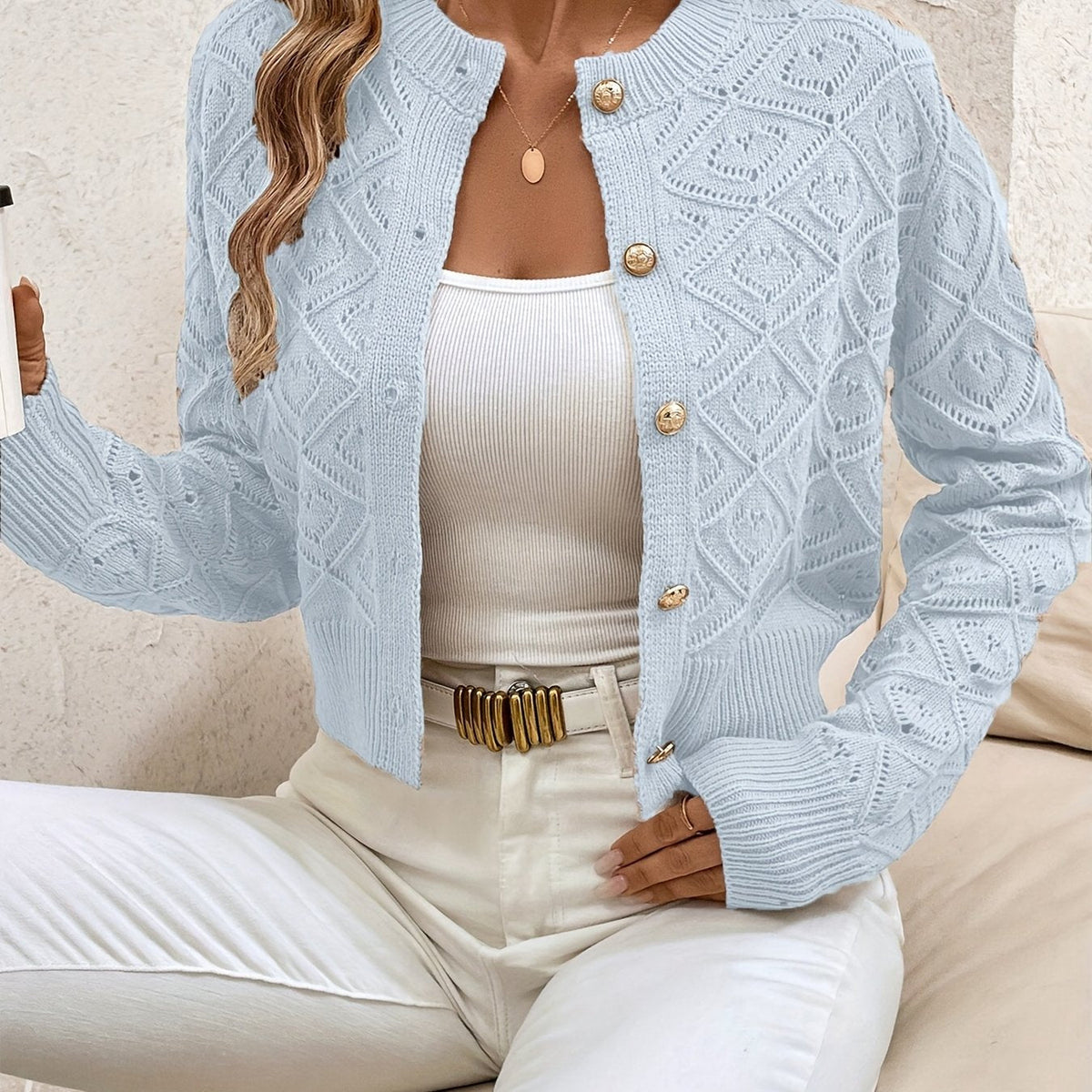 Della | Women's Cropped Cardigan - Diamond Textured Button Front