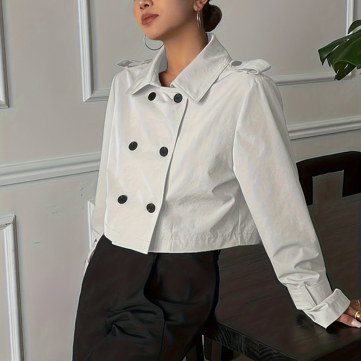 Vela | Women's Cropped Twill Peacoat - Notch Lapel Double Breasted Coat
