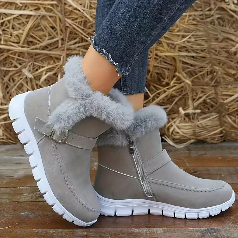 Nora | Women's Plush-Trimmed Winter Boots - Ankle Buckle Detail