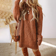 Enya | Women's Cable Knit Sweater Dress - Crew Neck Long Sleeve