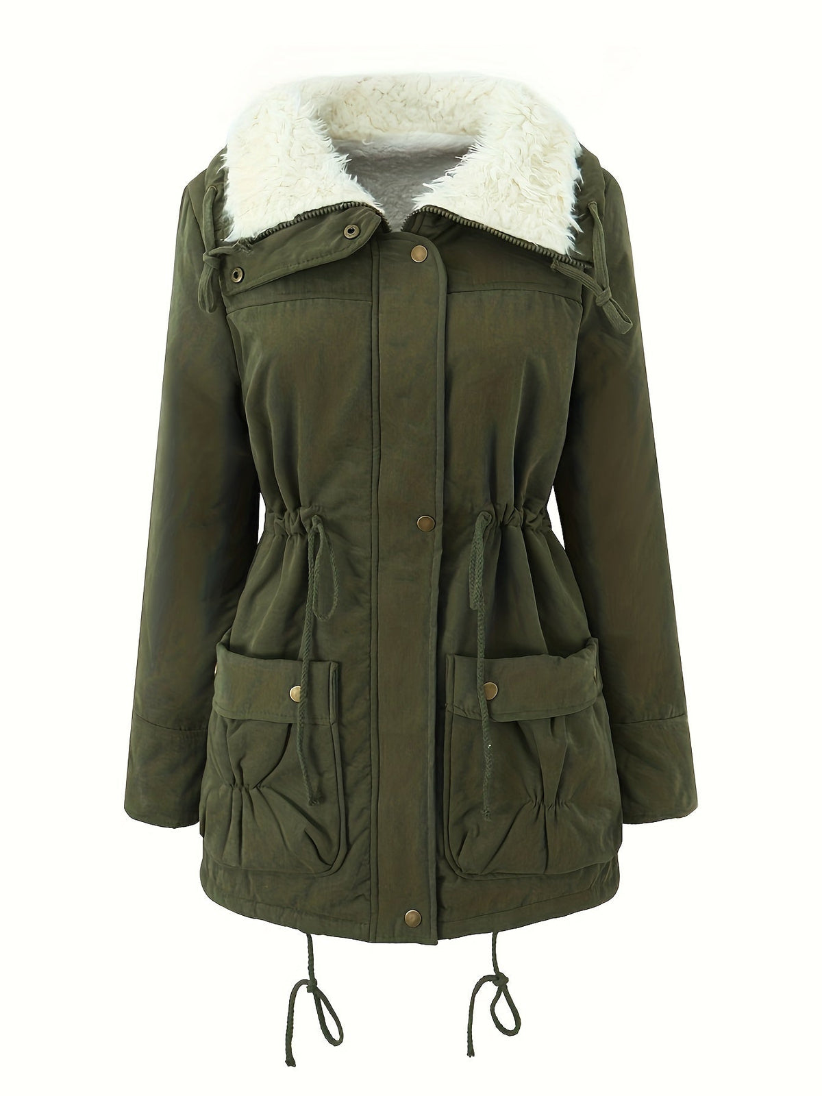 Carolyn | Women's Mid-Length Parka - Fold-Over Collar Drawstring Waist