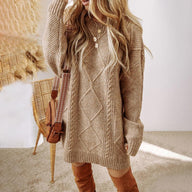 Enya | Women's Cable Knit Sweater Dress - Crew Neck Long Sleeve