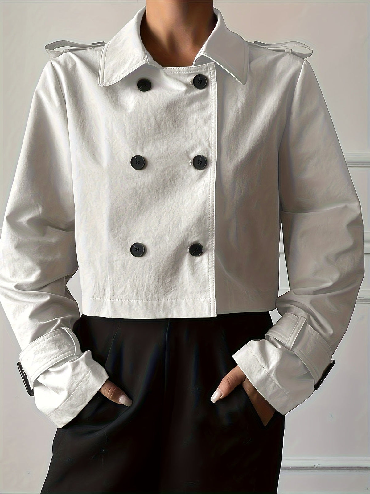 Vela | Women's Cropped Twill Peacoat - Notch Lapel Double Breasted Coat