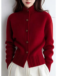 Margot | Women's High-Neck Button Cardigan - Ribbed Waist
