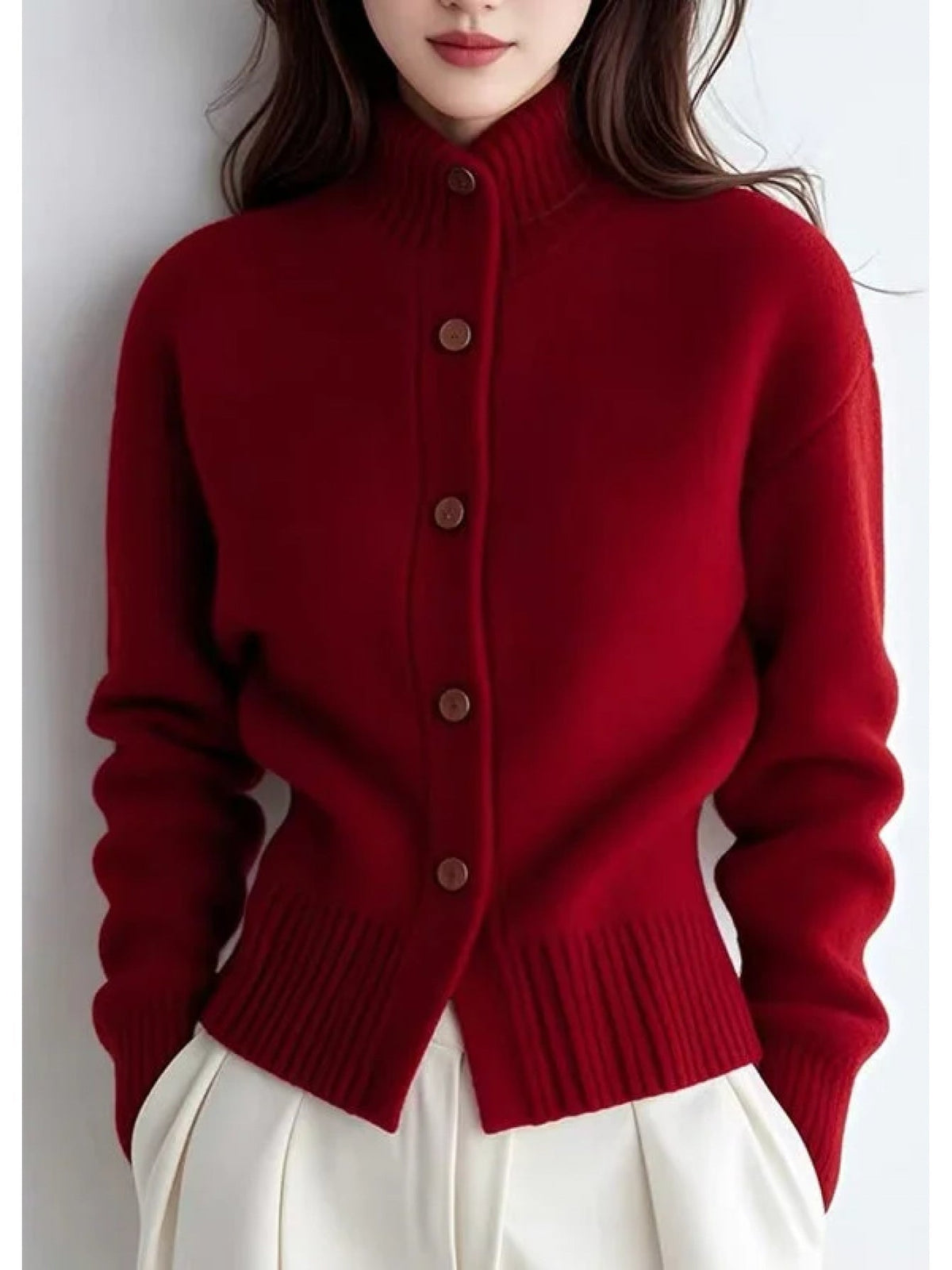 Margot | Women's High-Neck Button Cardigan - Ribbed Waist