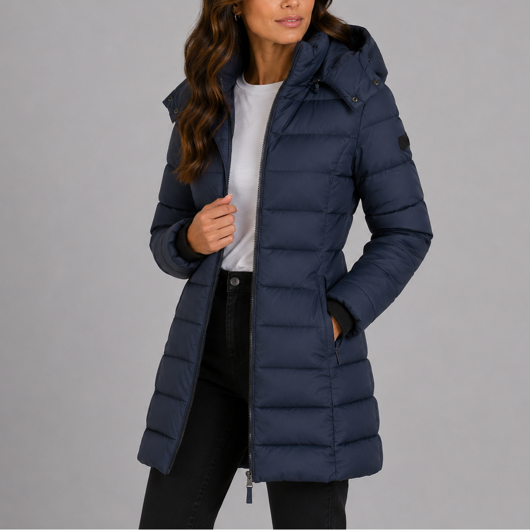 Alva | Women's Long Puffer Coat with Hood and Zip Pockets