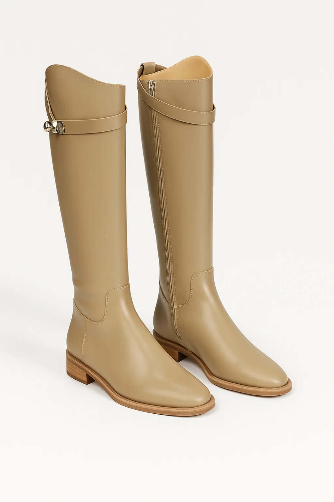 Aura | Women's Leather Knee High Boots - Flat Long Strap Clasp