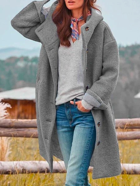 Calla | Women's Long Wool Coat with Hood and Button Front