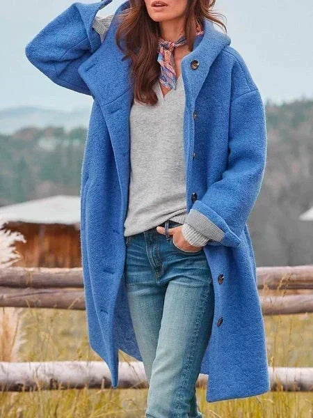 Calla | Women's Long Wool Coat with Hood and Button Front