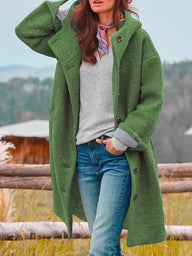 Calla | Women's Long Wool Coat with Hood and Button Front