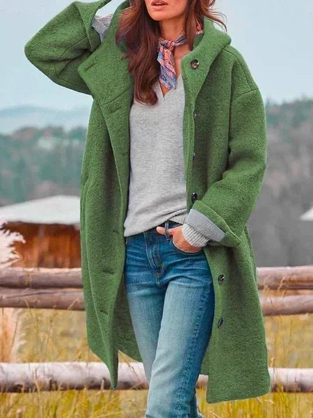 Calla | Women's Long Wool Coat with Hood and Button Front