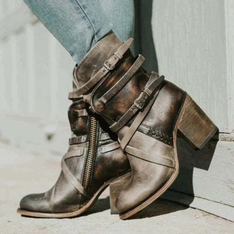 Chloe | Women's Leather Winter Boots - Heeled Wraparound Strap