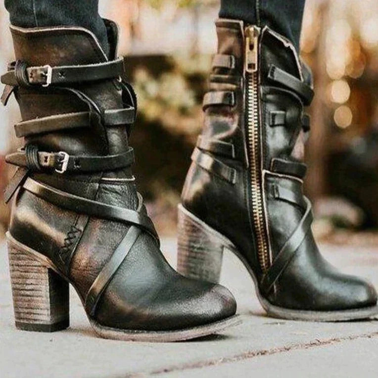 Chloe | Women's Leather Winter Boots - Heeled Wraparound Strap