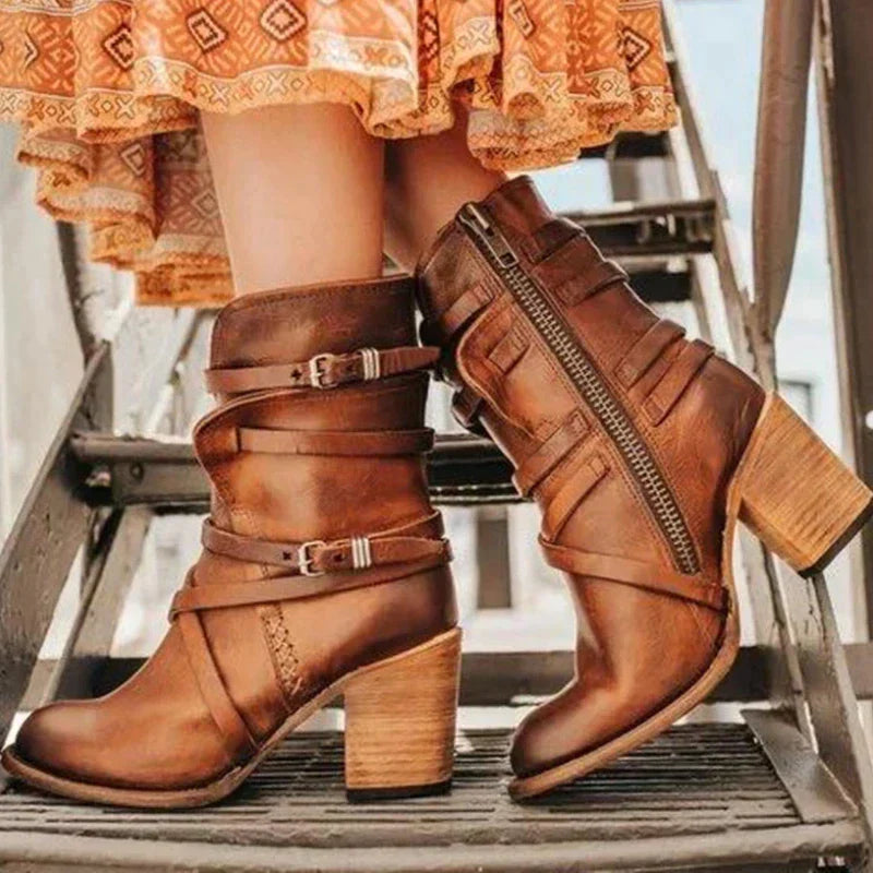 Chloe | Women's Leather Winter Boots - Heeled Wraparound Strap