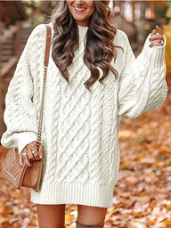 Ilse | Women's Oversized Cable Knit Sweater Dress - Puff Sleeve